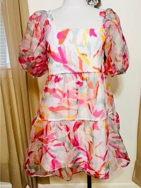 CROSBY by Mollie Burch Pink Multi Watercolor Puff-Sleeve Tunic